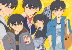  1boy alternate_costume arms_up bag bag_charm black_eyes black_hair black_sweater black_sweater_vest blue_jacket bright_pupils charm_(object) closed_eyes closed_mouth collared_jacket collared_shirt commentary_request cup disposable_cup double-parted_bangs drinking_straw grey_jacket hair_behind_ear handbag holding holding_cup jacket long_sleeves looking_at_viewer male_focus mewo msdnno_kabe omori open_mouth prototype_design shirt short-sleeved_jacket short_hair short_sleeves solo something_(omori) stretching sunny_(birthday)_(omori) sunny_(omori) sweater sweater_vest white_pupils white_shirt 