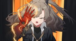  1girl adachi_t_(xadachit) black_jacket brown_eyes collared_shirt commentary energy english_commentary g_gundam girls'_frontline_2:_exilium girls_frontline grey_hair gundam highres jacket leva_(girls'_frontline_2) long_hair mechanical_arms open_clothes open_jacket open_mouth scar scar_across_eye scar_on_face scene_reference shirt single_mechanical_arm solo ump45_(girls'_frontline) upper_body white_shirt 