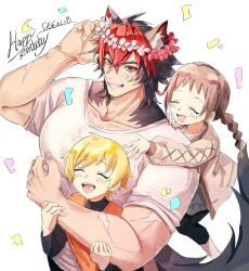  animal_ears black_hair child collarbone dog_boy dog_ears dog_tail happy_birthday highres komano_manato multicolored_hair muscular muscular_male pectorals red_eyes red_hair scar scar_on_arm scar_on_chest scar_on_face shirt tail w59o5 white_shirt zenless_zone_zero 