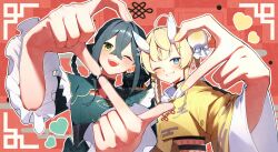  2girls :d ahoge black_sash blonde_hair blue_eyes blue_horns blush braid bun_cover china_dress chinese_clothes chinese_knot commentary crop_top crop_top_overhang crossed_bangs dress flower flower-shaped_pupils frills green_dress green_eyes green_hair hair_flower hair_ornament hair_ribbon heart heart_hands heart_hands_duo highres horns inuta_v11 kadou_mikaru lightning_bolt_hair_ornament lightning_bolt_symbol long_hair long_sleeves looking_at_viewer multicolored_horns multiple_girls nijisanji one_eye_closed open_mouth red_background ribbon sash shanghai_neckline sidelocks sleeves_past_fingers sleeves_past_wrists smile solo symbol-only_commentary symbol-shaped_pupils teeth togawa_nonoha virtual_youtuber white_horns wide_sleeves x_hair_ornament yellow_dress 