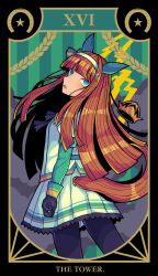  1girl absurdres animal_ears black_gloves black_pantyhose blue_eyes blunt_bangs blush card_(medium) commentary_request crown ear_covers gloves green_eyes green_sleeves hair_ornament hairband highres hime_cut horse_ears horse_girl horse_tail jacket long_hair long_sleeves looking_at_viewer looking_back open_mouth orange_hair orange_tail pantyhose pleated_skirt rirashi silence_suzuka_(innocent_silence)_(umamusume) silence_suzuka_(umamusume) skirt solo star_(symbol) tail tarot tarot_(medium) temperance_(tarot) the_tower_(tarot) umamusume white_hairband white_jacket white_skirt 