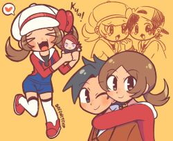  >_< 1boy 1girl :3 backwards_hat baseball_cap black_eyes black_hair blue_overalls bow brown_eyes brown_hair character_doll commentary doll english_commentary ethan_(pokemon) hat hat_bow heart highres holding holding_stuffed_toy interlocked_fingers jacket long_sleeves looking_at_viewer lyra_(pokemon) medium_hair one_eye_closed overall_shorts overalls pokemon pokemon_gsc red_bow red_jacket red_shoes shoes short_hair short_twintails silver_(pokemon) simple_background sofo_soup speech_bubble spoken_heart stuffed_toy thigh-highs twintails white_hat white_thighhighs x3 yellow_background 