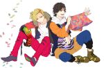  2boys :d adam&#039;s_apple ankh_(ooo) arm_around_waist asymmetrical_hair black_hair blonde_hair boots boxers chain flipped_hair funpjinju fur_trim hino_eiji jacket kamen_rider kamen_rider_ooo_(series) legs_folded looking_at_another male medal multiple_boys no_eyebrows open_clothes open_jacket open_mouth red_eyes scarf sitting smile t-shirt torn_clothes torn_pants underwear white_background 
