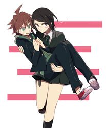  1boy 1girl ahoge black_hair black_legwear blood blush carrying dangan_ronpa freckles green_eyes grey_eyes holster hoodie ikusaba_mukuro knife naegi_makoto necktie princess_carry running school_uniform scratches serious shoes shokushu_ura short_hair simple_background sneakers socks thigh_holster 