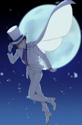  1boy arituhama blue_shirt cape closed_mouth collared_shirt commentary_request floating_cape full_body full_moon hat highres jacket kaitou_kid magic_kaito male_focus monocle moon necktie pants red_necktie shirt solo suit top_hat white_cape white_jacket white_pants white_suit 