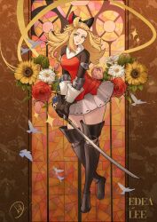  1girl armor armored_dress bird black_boots black_bow black_gloves black_shirt blonde_hair blue_bird blue_eyes boots bow bravely_default:_flying_fairy bravely_default_(series) collar commentary deliciousbrain dress edea_lee english_commentary flower glint gloves greaves hair_bow highres holding holding_sword holding_weapon light_smile long_sleeves looking_at_viewer pants shirt shirt_under_dress stained_glass sword thigh_boots weapon white_collar white_pants wind 