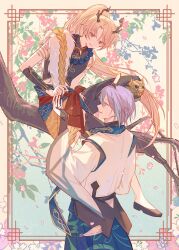  2boys bare_shoulders blonde_hair branch closed_eyes commentary_request flower highres implied_yaoi jewelry kamishiro_rui long_sleeves male_focus multiple_boys necklace no_socks pearl_necklace ponytail project_sekai purple_hair red_ribbon ribbon sitting sitting_on_branch teeth tenma_tsukasa turtleneck uvu_ghost yellow_eyes 