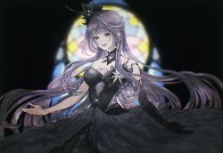  1girl bare_shoulders black_background black_collar black_crown black_dress black_gloves blue_eyes blunt_bangs brooch collar commentary_request cowboy_shot crown detached_collar dress earrings elbow_gloves empty_eyes eyelashes eyeshadow feather_dress floating_clothes floating_hair flower flower_brooch gloves gown grin happy high_collar highres hino_(8) jewelry lace_collar lilith_(shining_nikki) lipstick long_dress long_hair long_sidelocks looking_at_viewer loose_hair_strand makeup mini_crown nikki_(series) pale_skin pink_eyeshadow purple_hair red_lips shining_nikki sidelocks single_bare_arm single_elbow_glove smile solo spaghetti_strap stained_glass standing very_long_hair white_flower 