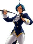  1girl ahoge blue_eyes blue_hair breasts cravat elisabeth_blanctorche jacket king_of_fighters king_of_fighters_xii large_breasts official_art ogura_eisuke riding_crop short_hair slender_waist snk solo 