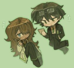  1boy 1girl artist_self-insert black_hair black_jacket black_vest blue_eyes brown_hair chibi chibi_only cigarette coat collared_shirt full_body green_eyes green_necktie hair_over_one_eye hand_in_pocket highres id_card jacket limbus_company long_hair looking_at_viewer necktie oc_x_canon open_mouth original pointing pointing_at_self project_moon samjo_(project_moon) samjoyume shirt short_hair sweatdrop vest white_coat white_shirt 