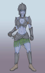  1girl armor armored_boots black_armor black_background black_hair black_sclera blue_background blue_eyes blue_skin boots cheloveknomer99 clawed_gauntlets cleavage_cutout clothing_cutout colored_pencil_(medium) colored_sclera colored_skin commentary crop_top dark_seducer_(mazken) english_commentary full_body gradient_background green_skirt grey_skin hand_on_hilt helmet highres knee_boots midriff revealing_clothes shoulder_armor skirt solo sword the_elder_scrolls the_elder_scrolls_iv:_oblivion thighs traditional_media weapon 