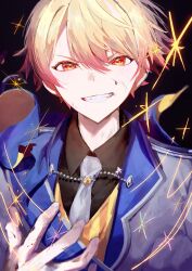  1boy aaaao_o772 black_background blonde_hair blood clenched_teeth collared_shirt gradient_hair grey_necktie hair_between_eyes hand_on_own_chest highres injury looking_at_viewer male_focus multicolored_hair necktie orange_eyes orange_hair project_sekai shirt short_hair smile solo teeth tenma_tsukasa two-tone_hair upper_body 