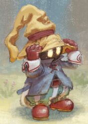  1boy baggy_pants belt black_mage_(final_fantasy) blue_coat boots coat final_fantasy final_fantasy_ix full_body gloves glowing glowing_eyes hands_on_headwear hat highres male_focus pants red_belt red_boots red_gloves solo sotti_kotti standing striped_clothes striped_pants vivi_ornitier wizard_hat yellow_eyes yellow_hat 