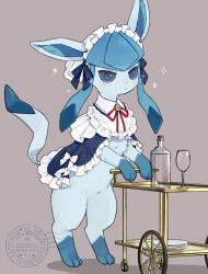  blue_bow blue_fur blue_sclera bow closed_mouth clothed_pokemon collar colored_sclera commentary_request cork cup drinking_glass frills full_body glaceon glass_bottle grey_background highres kaminokefusa looking_at_viewer maid maid_headdress no_humans plate pokemon pokemon_(creature) pokemon_focus rearing red_ribbon ribbon serving_cart snowflakes solo two-tone_fur watermark white_bow wine_glass 