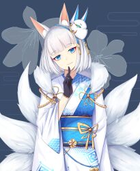 1girl absurdres animal_ear_fluff animal_ears azur_lane black_gloves blue_eyes blue_sash commentary_request eyeliner finger_to_mouth fox_ears fox_girl fox_mask fox_tail fur-trimmed_kimono fur_trim gloves highres japanese_clothes kaga_(azur_lane) kaga_(white_fox's_new_year)_(azur_lane) kimono kitsune kyuubi long_sleeves makeup mask mask_on_head medium_hair multiple_tails official_alternate_costume red_eyeliner sash shuojianghanyue solo tail white_hair white_kimono white_tail wide_sleeves 