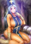  1girl blue_hair bodysuit boots breasts dragon_quest dragon_quest_iii finger_to_mouth gloves large_breasts long_hair mitre priest_(dq3) red_eyes sgk sitting solo wariza 