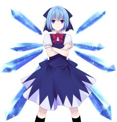  1girl black_socks blue_dress blue_eyes blue_hair bow bowtie cirno closed_mouth collared_shirt commentary_request crossed_arms crote dress feet_out_of_frame hair_bow hair_ornament highres ice ice_wings large_variant_set legs_apart looking_at_viewer pinafore_dress puffy_short_sleeves puffy_sleeves red_bow red_bowtie shirt short_hair short_sleeves skirt skirt_set sleeve_cuffs sleeveless sleeveless_dress socks solo tachi-e touhou transparent_background variant_set white_shirt wings 