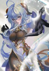  1girl bell black_gloves blue_hair blue_sleeves breasts breasts_apart brown_bodystocking cowbell cowboy_shot cryokinesis detached_sleeves ganyu_(genshin_impact) genshin_impact gloves goat_girl goat_horns hands_up highres horns impossible_bodystocking kellyliao33 large_breasts long_hair looking_at_viewer lower_teeth_only messy_hair neck_bell open_mouth pelvic_curtain solo teeth thick_thighs thighs two-tone_sleeves vision_(genshin_impact) white_sleeves 