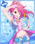  1girl ;d bracelet character_name crop_top fingerless_gloves gloves idolmaster idolmaster_million_live! jewelry looking_at_viewer maihama_ayumu multicolored_hair navel necklace open_mouth pink_eyes pink_hair smile solo wink 