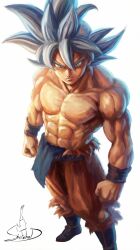  1boy abs absurdres blue_boots blue_sash blue_wrist_cuffs boots dragon_ball dragon_ball_super full_body grey_eyes grey_hair highres male_focus medium_hair muscular muscular_male orange_pants pants sash sirfahod solo son_goku spiky_hair standing torn_clothes torn_pants ultra_instinct wrist_cuffs 