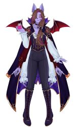  absurdres animal_ears bat_boy bat_ears boots brown_hair cape colored_sclera colored_skin corset cup dante_will dante_will_(bat) dante_will_(halloween) extra_arms extra_eyes fingernails hair_over_one_eye highres holding holding_cup indie_virtual_youtuber limmushi long_hair long_sleeves multicolored_hair ohwasuy purple_hair purple_skin red_sclera runamaroding sharp_fingernails shirohomu smile streaked_hair vampire_costume white_eyes wings 