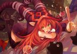  1girl arm_warmers black_legwear boots cat danann green_eyes hat league_of_legends long_hair looking_at_viewer lulu_(league_of_legends) lying nail_polish on_side paw_print redhead smile solo thigh-highs thigh_boots top-down_bottom-up 