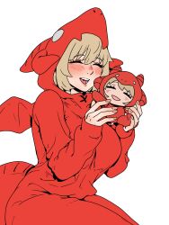  1girl 54kmlikeuniform :d ^_^ absurdres animal_costume animal_hood blonde_hair blush breasts character_doll chibi closed_eyes commentary cosplay doll dragon_costume dungeon_meshi falin_touden falin_touden_(tallman) fang fingernails hashtag-only_commentary highres holding holding_chibi hood hood_up kigurumi large_breasts long_sleeves open_mouth short_hair simple_background smile symbol-only_commentary teeth white_background 