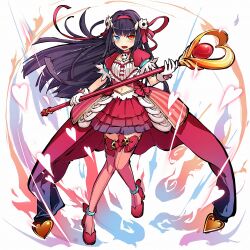  1girl amanojaku_(himegami_kagura) blue_eyes blush bow breasts choker clothing_cutout dress full_body hair_ornament hair_ribbon heart heterochromia high_heels himegami_kagura holding holding_staff horns jewelry long_hair looking_at_viewer magical_girl ms06s navel navel_cutout necklace official_art open_mouth pink_thighhighs puffy_short_sleeves puffy_sleeves red_choker red_eyes red_ribbon red_shoes ribbon second-party_source shoes short_dress short_sleeves sidelocks simple_background skull_hair_ornament skull_necklace small_breasts solo staff standing tachi-e thigh-highs thighs tsurime white_background 