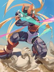  1boy absurdres android armor black_eyes blonde_hair commentary_request energy_sword forehead_jewel full_body helmet highres holding holding_sword holding_weapon legs_apart long_hair male_focus mega_man_(series) mega_man_zero_(series) omochi_(mochi_skymega) red_armor red_helmet solo sword weapon z_saber zero(z)_(mega_man) zero_(mega_man) 