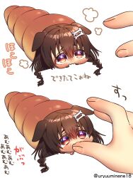  1girl animal_ears biting biting_another's_finger bone_hair_ornament bread brown_hair chibi chocolate_cornet commentary_request dog_ears dog_girl dot_nose fangs food hair_between_eyes hair_ornament harumina_mau highres hololive inugami_korone long_hair looking_at_another lying on_stomach outstretched_hand simple_background skin_fangs translation_request twitter_username virtual_youtuber white_background 