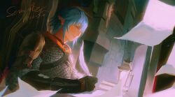  1boy armor black_gloves blue_eyes blue_hair chainmail closed_mouth commentary_request dated elezen elf final_fantasy final_fantasy_xiv gloves haurchefant_greystone highres holding holding_quill indoors lantern male_focus paper pauldrons pointy_ears qchng quill shoulder_armor sitting solo stone_wall 
