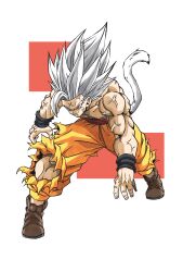  1boy absurdres battle_damage beatlo_(rodrigo38658978) commentary dragon_ball dragon_ball_super dragon_ball_super_super_hero english_commentary facial_mark forehead_mark full_body gohan_beast grey_hair grey_tail highres long_hair monkey_tail muscular muscular_male orange_pants pants red_eyes red_sash sash simple_background solo son_gohan spiky_hair standing tail topless_male torn_clothes torn_pants veins white_background 