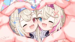  2girls absurdres animal_ears bandaid bandaid_hair_ornament black_collar blonde_hair blue_eyes blue_nails blue_streaks collar commentary dog_ears dog_girl fang four-finger_heart_hands fuwawa_abyssgard fuwawa_abyssgard_(1st_costume) hair_ornament hairpin headphones headphones_around_neck heart heart_hands heart_hands_duo highres hololive hololive_english long_hair looking_at_viewer medium_hair mococo_abyssgard mococo_abyssgard_(1st_costume) multicolored_hair multiple_girls nail_polish one_eye_closed pink_nails pink_streaks red_eyes siblings sisters skin_fang streaked_hair twins two_side_up u_da_desu very_long_hair virtual_youtuber x_hair_ornament 