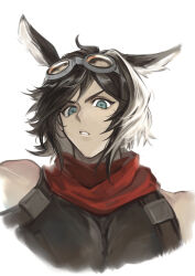  1boy absurdres animal_ears arknights babu_don_(don_10_13) bare_shoulders bishounen black_hair blue_eyes commentary_request courier_(arknights) dark-skinned_male dark_skin deer_boy deer_ears goggles goggles_on_head green_eyes highres looking_at_viewer male_focus parted_lips red_scarf scarf shirt short_hair simple_background sleeveless solo upper_body white_background 