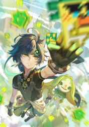  1boy absurdres ajaw_(genshin_impact) arm_up black_gloves black_hair black_shirt bracelet chinese_commentary closed_mouth clothes_around_waist commentary_request diamond-shaped_pupils diamond_(shape) earrings full_body genshin_impact gloves green_eyes green_hair green_headband green_pants hair_between_eyes headband highres jewelry kinich_(genshin_impact) male_focus mo_le_ge_yi multicolored_eyes multicolored_hair neck_tattoo pants shirt short_hair short_sleeves streaked_hair symbol-shaped_pupils tattoo two-tone_eyes yellow_eyes yumkasaurus_(genshin_impact) zipper zipper_pull_tab 