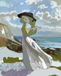  1girl adjusting_clothes adjusting_headwear black_hat blue_sky bob_cut book closed_eyes clothed_pokemon clouds colored_skin day fedora full_body gardevoir green_hair green_skin hair_over_one_eye hands_up hat holding holding_book horizon multicolored_skin ocean one_eye_covered open_book outdoors pokemon pokemon_(creature) powerpuff_(pixiv_60944739) short_hair sketch sky solo standing two-tone_skin u_u white_skin 