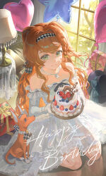  1girl absurdres alternate_costume animalization balloon bare_shoulders black_hat blue_bow boater_hat bow box cake checkered_hairband closed_mouth commentary desk_lamp dog dress english_commentary food from_above full_body gift gift_box gloves green_eyes greyhound hairband happy_birthday hat hat_bow heart_balloon highres indoors jewelry kneeling lamp long_hair looking_at_viewer necklace off-shoulder_dress off_shoulder orange_hair person_and_animalization reverse:1999 short_dress smile solo sonetto_(reverse:1999) star_balloon strawberry_cake two_side_up unworn_hat unworn_headwear white_gloves window yinhepongpong 
