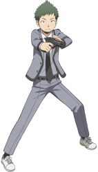  1boy anime_coloring ansatsu_kyoushitsu belt black_belt black_eyes black_necktie closed_mouth collared_shirt frown full_body green_hair grey_jacket grey_pants gun handgun holding holding_gun holding_weapon jacket kimura_masayoshi kunugigaoka_middle_school_uniform morita_kazuaki necktie official_art pants school_uniform shirt simple_background solo standing tachi-e transparent_background weapon white_shirt 