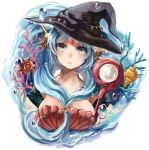 1girl blue_eyes blue_hair breasts bubble cleavage coral hat jewelry long_hair looking_at_viewer magi_the_labyrinth_of_magic shell shell_bikini solo staff tomoyami water witch_hat yamuraiha 