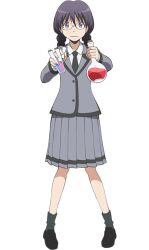  1girl anime_coloring ansatsu_kyoushitsu black_hair black_necktie black_shoes braid closed_mouth collared_shirt flask full_body glasses grey_jacket grey_skirt grey_socks holding holding_flask holding_test_tube jacket kunugigaoka_middle_school_uniform morita_kazuaki necktie official_art okuda_manami school_uniform shirt shoes simple_background skirt socks solo standing tachi-e test_tube transparent_background twin_braids violet_eyes volumetric_flask wavy_mouth white_shirt 