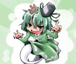  1girl anger_vein angry blush_stickers dress fang ghost_tail green_dress green_eyes green_hair hands_up hat long_sleeves looking_at_viewer multicolored_background ofuda open_mouth shinapuu short_hair soga_no_tojiko solo tate_eboshi touhou 