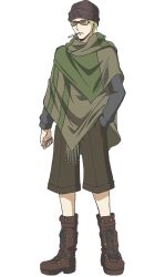  1boy anime_coloring ansatsu_kyoushitsu beanie blonde_hair boots brown_boots brown_shorts cigarette full_body hand_in_pocket hat morita_kazuaki official_art poncho red_eye_(ansatsu_kyoushitsu) shorts simple_background solo standing sunglasses tachi-e transparent_background 