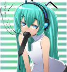  1girl aqua_hair blue_eyes fang hatsune_miku headphones kara_age long_hair microphone mouth_hold solo striped striped_background twintails vocaloid 