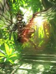  1girl animal_ears brown_dress brown_legwear dress forest full_body hat highres mystia_lorelei nature outdoors outstretched_hand pantyhose pink_hair short_hair signature solo stairs sunlight temmasa22 touhou violet_eyes wings 