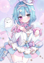  1girl :3 ahoge blue_bow blue_hair blue_nails blue_shoes blue_skirt blush bone_hair_ornament bow cartoon_bone closed_mouth commission copyright_request cross_hair_ornament ghost grey_eyes hair_bow hair_ornament heterochromia highres izumi_nanase long_sleeves looking_at_viewer multicolored_hair multicolored_nails nail_polish pink_eyes pink_hair pink_nails pink_skirt pleated_skirt puffy_long_sleeves puffy_sleeves shirt shoes skeb_commission skirt sleeves_past_wrists solo thigh-highs tilted_headwear two-tone_hair virtual_youtuber watermark white_shirt white_thighhighs 