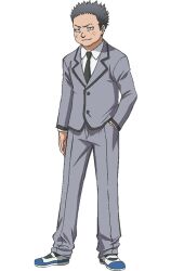  1boy anime_coloring ansatsu_kyoushitsu black_hair black_necktie closed_mouth collared_shirt freckles full_body grey_jacket grey_pants hand_in_pocket jacket kunugigaoka_middle_school_uniform male_focus morita_kazuaki necktie official_art pants school_uniform shirt simple_background smile solo standing tachi-e tanaka_nobuta transparent_background white_shirt 