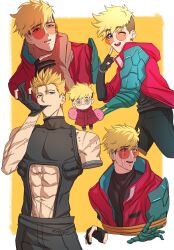  1boy abs absurdres amputee bare_shoulders biting biting_glove black_gloves black_pants black_shirt blonde_hair blue_eyes border clothing_cutout coat cowboy_shot cropped_legs crying earrings finger_to_cheek glasses gloves groquis_j hair_between_eyes hand_on_another's_wrist highres jewelry male_focus mechanical_arms mole mole_under_eye multiple_scars multiple_views muscular muscular_male one_eye_closed orange-tinted_eyewear pants parted_lips partially_fingerless_gloves prosthesis prosthetic_arm red_coat restrained round_eyewear scar scar_on_arm scar_on_stomach scars_all_over shirt single_earring single_mechanical_arm solo stitched_arm stitches stomach_cutout strangling streaming_tears tears tinted_eyewear trigun trigun_stampede turtleneck undercut upper_body vash_the_stampede white_border yellow_background 