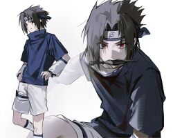  1boy 9boksen black_hair blue_shirt detached_sleeves hand_on_own_hip highres kunai looking_at_viewer male_focus naruto_(series) naruto_shippuuden red_eyes shirt shorts solo t-shirt uchiha_sasuke weapon weapon_in_mouth white_background 