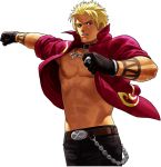  1boy abs belt black_gloves blonde_hair collar ear_piercing gloves jewelry king_of_fighters king_of_fighters_xii muscle necklace official_art ogura_eisuke open_clothes open_shirt pectorals piercing popped_collar shen_woo short_hair snk solo tan tattoo 