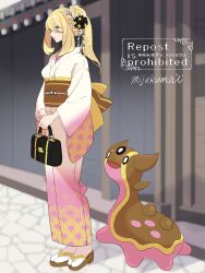  1girl absurdres bag blonde_hair braid breasts closed_mouth commentary_request cynthia_(pokemon) gastrodon gastrodon_(west) gradient_clothes gradient_kimono grey_eyes hair_ornament handbag highres japanese_clothes kimono long_hair mijukuma obi open_mouth pink_kimono pokemon pokemon_(creature) pokemon_dppt ponytail sandals sash slug smile socks white_kimono white_socks 